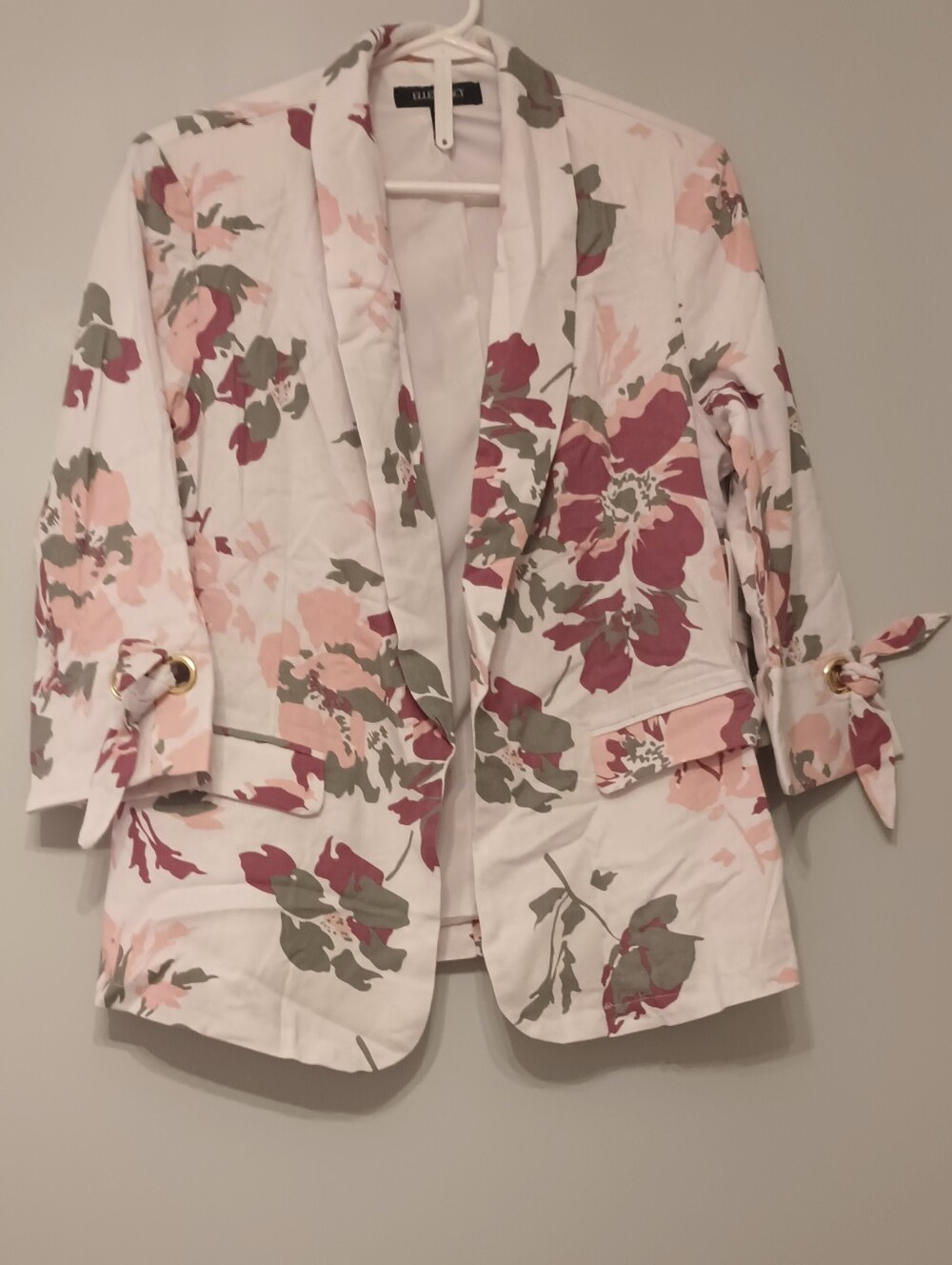 Ellen Tracy Floral Tie-Sleeve Blazer Jacket Linen White with Pink & Olive M